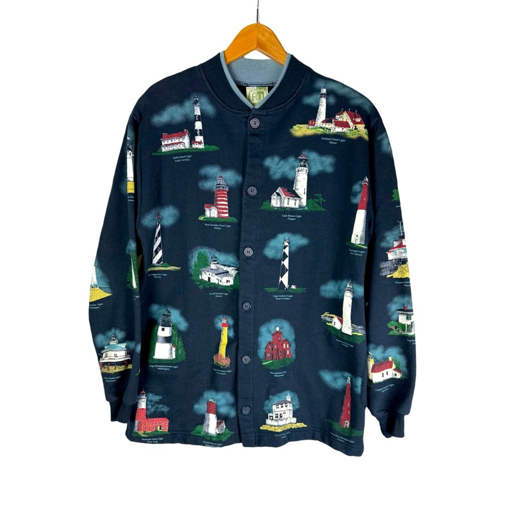 Vintage 1990s Art Unlimited Light House Cardigan Sweatshirt USA Coastal Travel - Picture 1 of 10